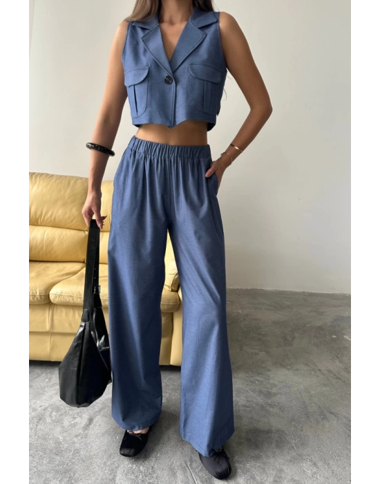 TENCEL CROP KOLSUZ GÖMLEK - PANTOLON TAKIM - İndigo