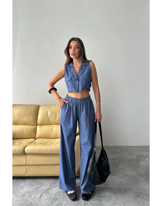 TENCEL CROP KOLSUZ GÖMLEK - PANTOLON TAKIM - İndigo