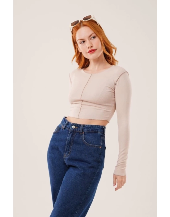 Ters Dikişli Basic Krem Body Bluz