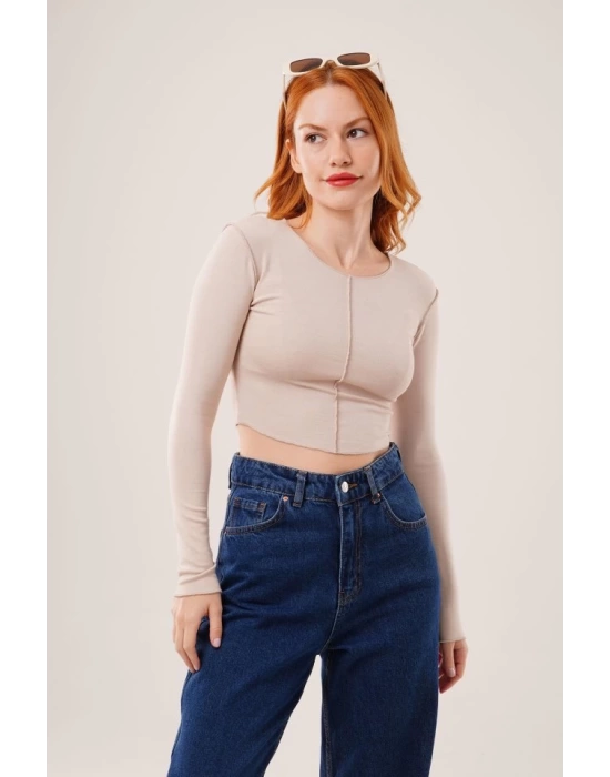 Ters Dikişli Basic Krem Body Bluz