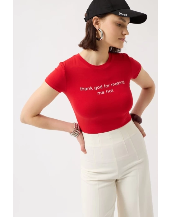 Thanks God Baskılı Likralı Crop T-Shirt