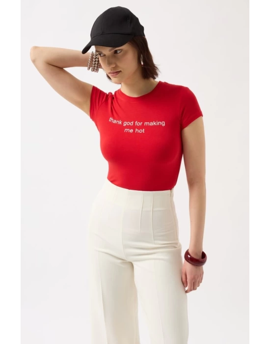 Thanks God Baskılı Likralı Crop T-Shirt