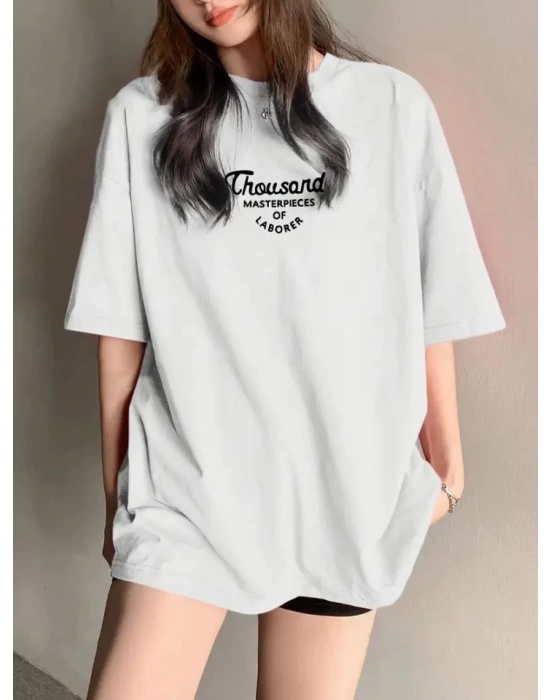 Thousand Baskılı Oversize Bisiklet Yaka T-shirt - Beyaz