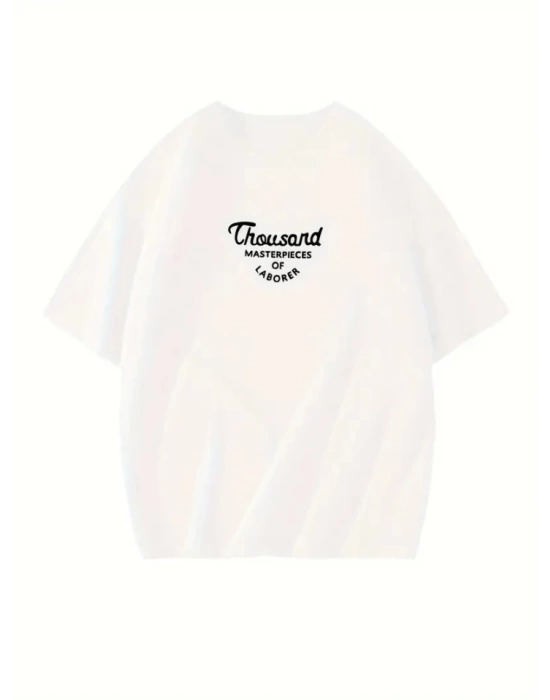 Thousand Baskılı Oversize Bisiklet Yaka T-shirt - Beyaz