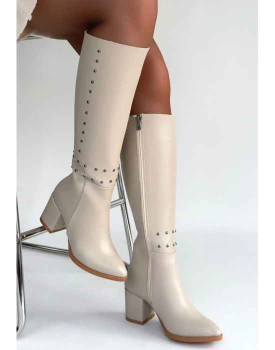 Tiyan Bej Cilt Topuklu Çizme