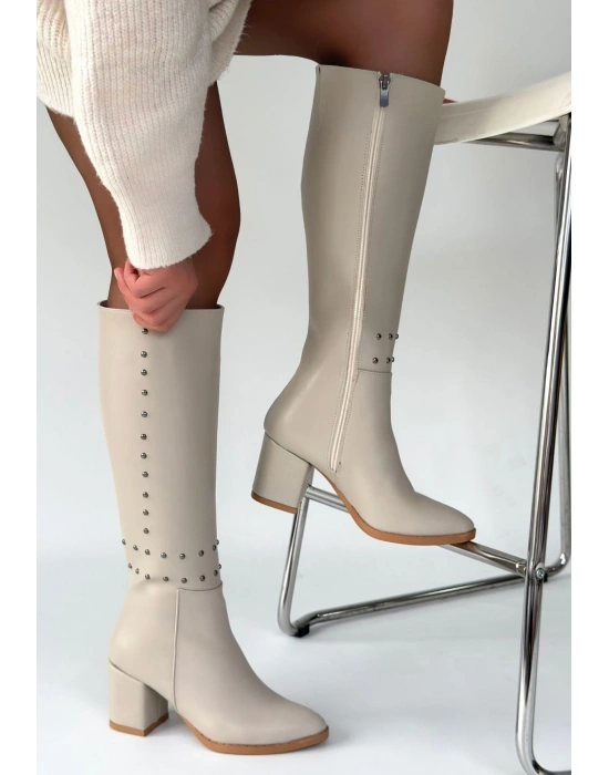 Tiyan Bej Cilt Topuklu Çizme