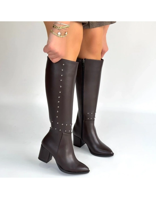 Tiyan Kahverengi Cilt Topuklu Çizme