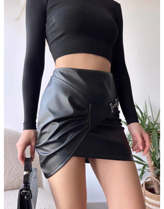 Tokalı deri etek siyah s240097