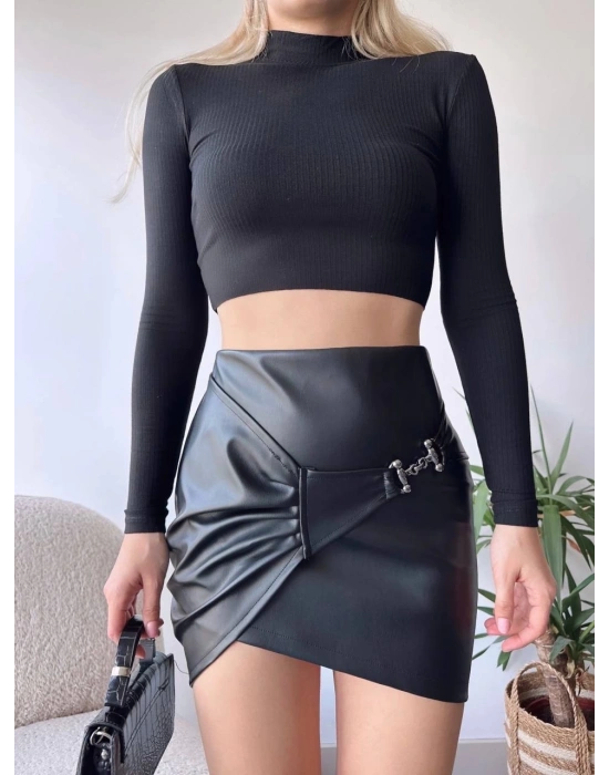 Tokalı deri etek siyah s240097