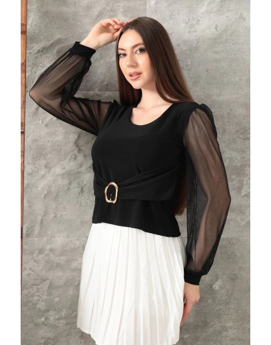 Tokalı tül kollu bluz siyah t4071