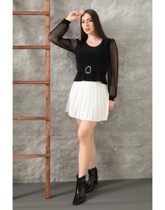 Tokalı tül kollu bluz siyah t4071
