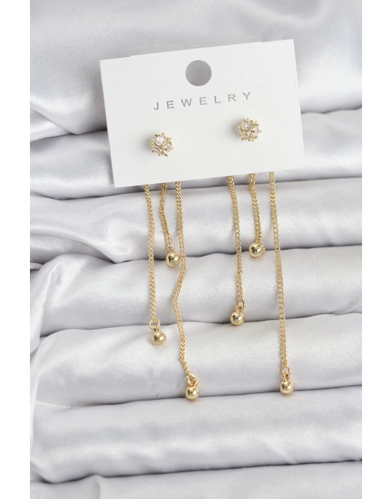 Topçuk Model Gold Renk Pirinç Sallantılı Kadın Küpe Seti