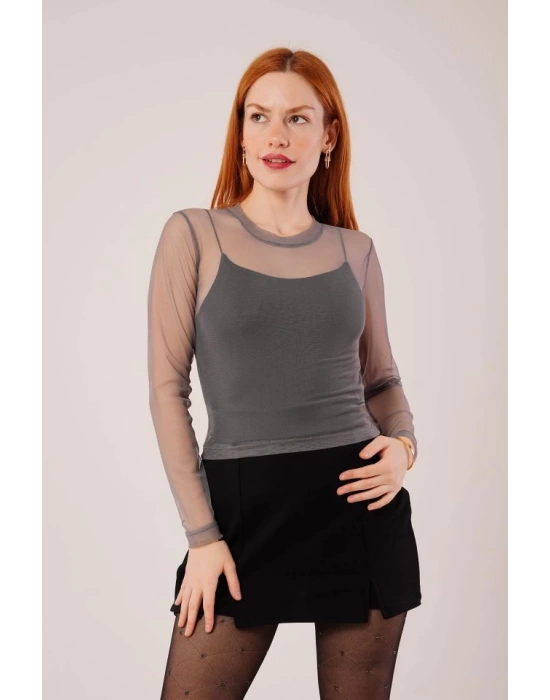 Transparan Gri Tül Basic Bluz
