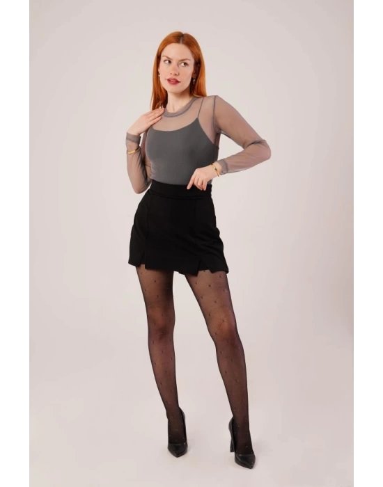 Transparan Gri Tül Basic Bluz