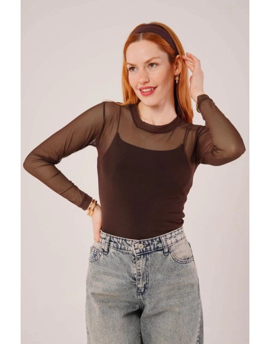 Transparan Kahverengi Tül Basic Bluz