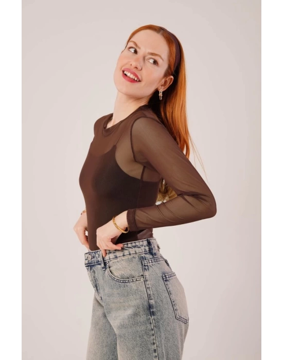 Transparan Kahverengi Tül Basic Bluz