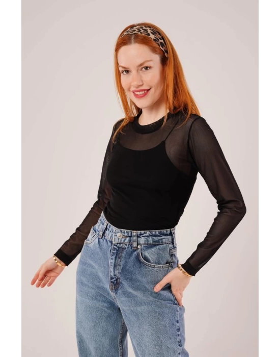 Transparan Siyah Tül Basic Bluz