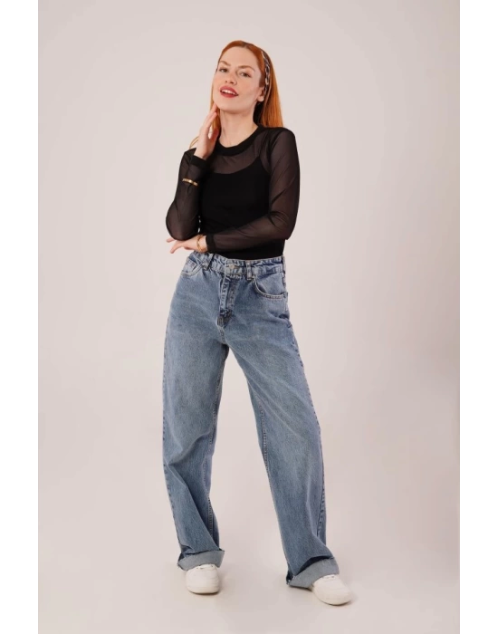Transparan Siyah Tül Basic Bluz