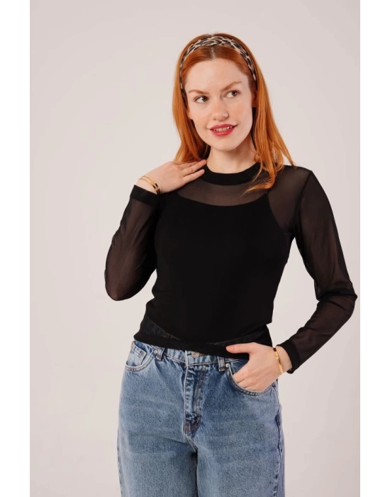 Transparan Siyah Tül Basic Bluz