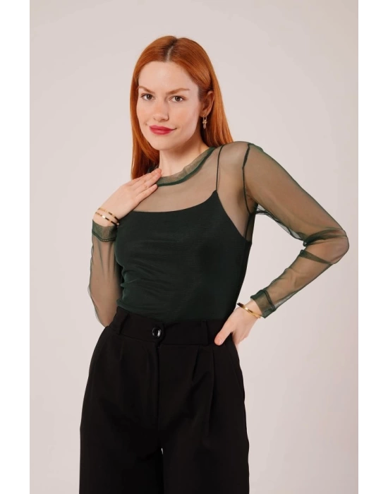 Transparan Yeşil Tül Basic Bluz