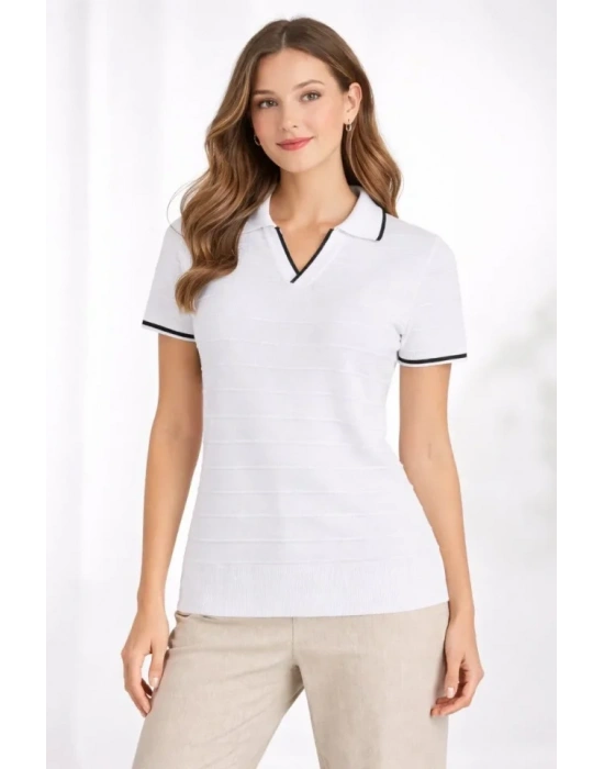 Triko Kumaş Yakalı Düğmesiz Açık Yaka Fitilli Kısa Kollu Regular Fit Tişört T-shirt - Beyaz