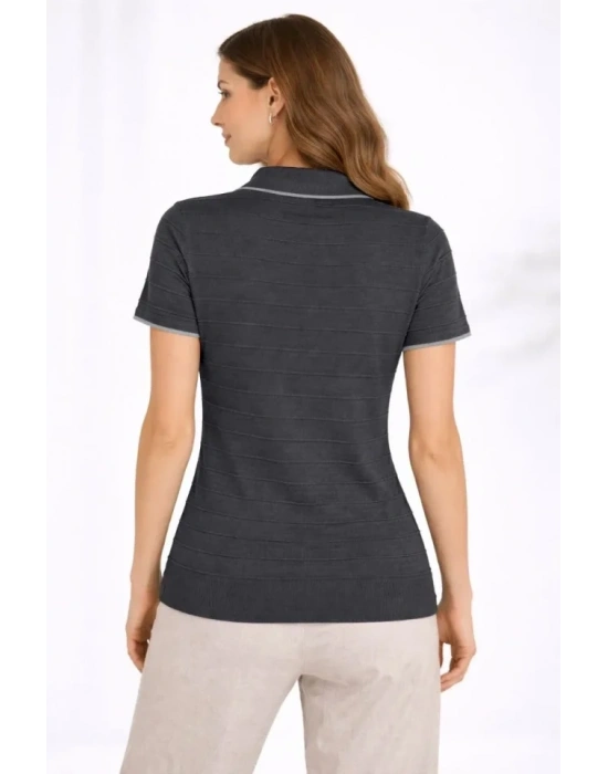 Triko Kumaş Yakalı Düğmesiz Açık Yaka Fitilli Kısa Kollu Regular Fit Tişört T-shirt - Siyah