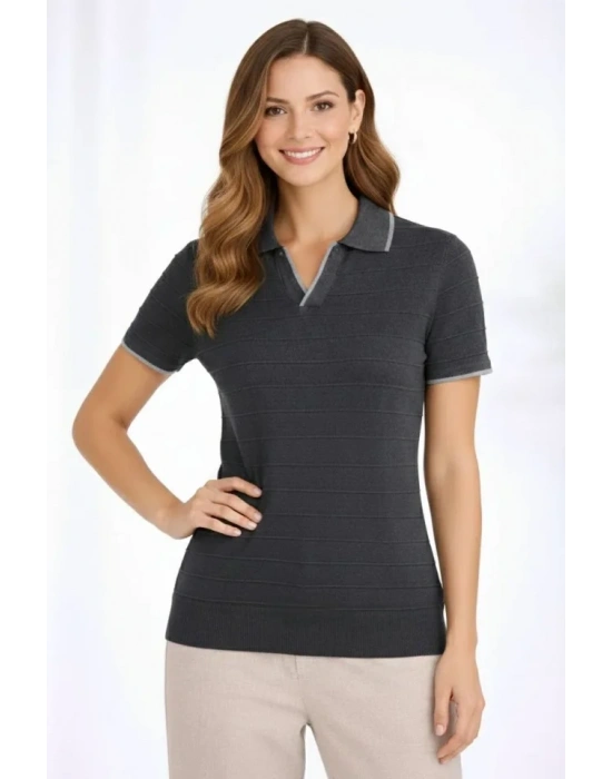 Triko Kumaş Yakalı Düğmesiz Açık Yaka Fitilli Kısa Kollu Regular Fit Tişört T-shirt - Siyah