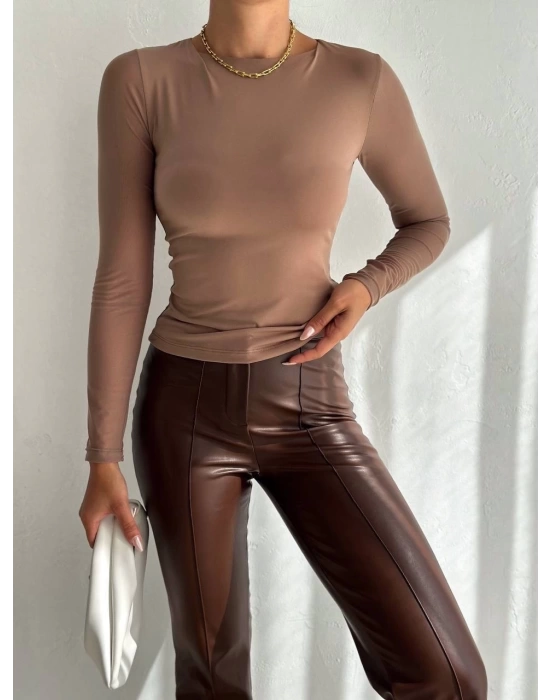 Tül kollu bluz vizon f2252