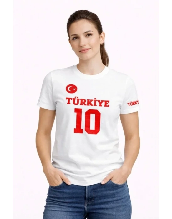 TÜRKİYE Ay Yıldız Baskılı 10 Numara Forma Tişört Taraftar T-Shirt - Beyaz