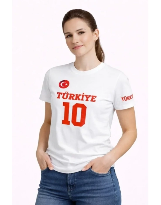TÜRKİYE Ay Yıldız Baskılı 10 Numara Forma Tişört Taraftar T-Shirt - Beyaz