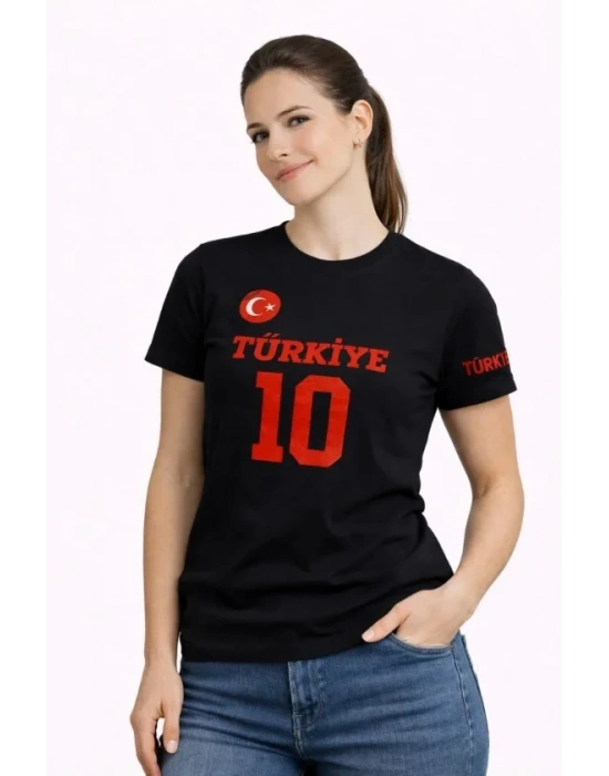 TÜRKİYE Ay Yıldız Baskılı 10 Numara Forma Tişört Taraftar T-Shirt - Siyah