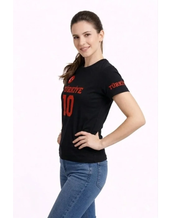 TÜRKİYE Ay Yıldız Baskılı 10 Numara Forma Tişört Taraftar T-Shirt - Siyah