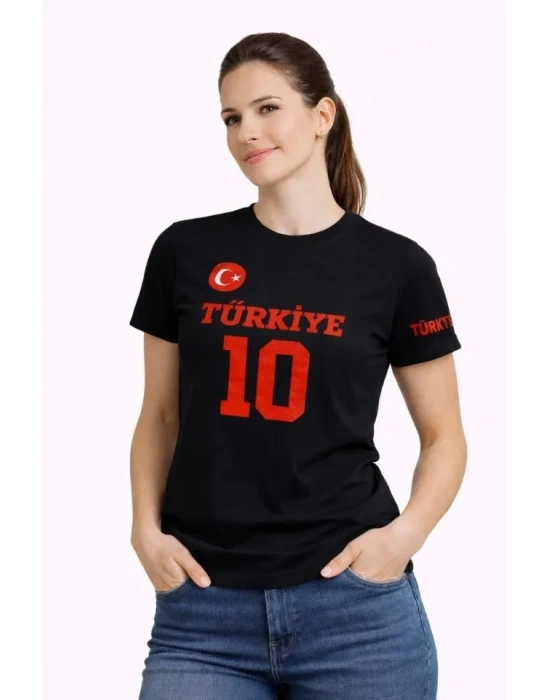 TÜRKİYE Ay Yıldız Baskılı 10 Numara Forma Tişört Taraftar T-Shirt - Siyah