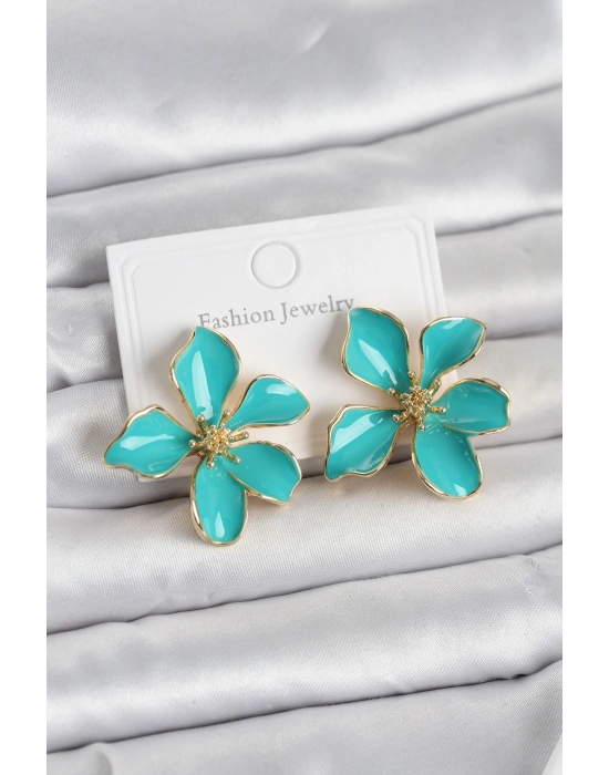 Turkuaz Mineli Çiçek Model Pirinç Kadın Küpe