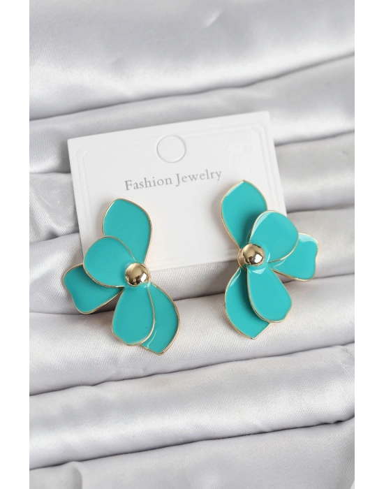 Turkuaz Mineli Lotus Model Pirinç Kadın Küpe