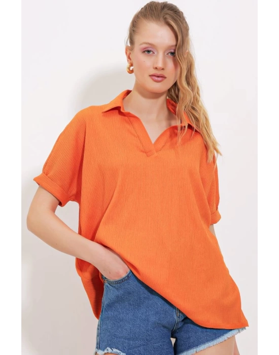 Turuncu Oversize Polo Yaka Örme Bluz 0486