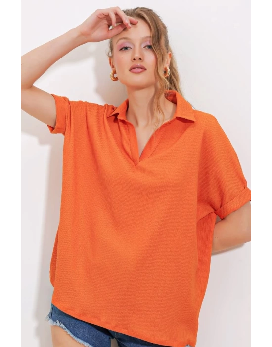 Turuncu Oversize Polo Yaka Örme Bluz 0486