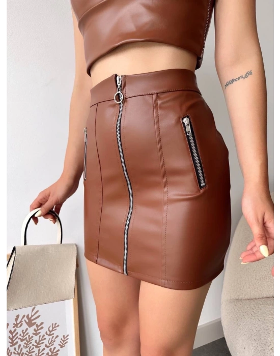 Üç fermuarlı deri etek kahve s24510