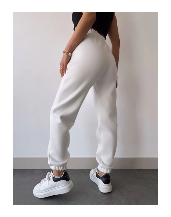 Üç İplik Basic Lastikli Eşofman Pantolon - Beyaz