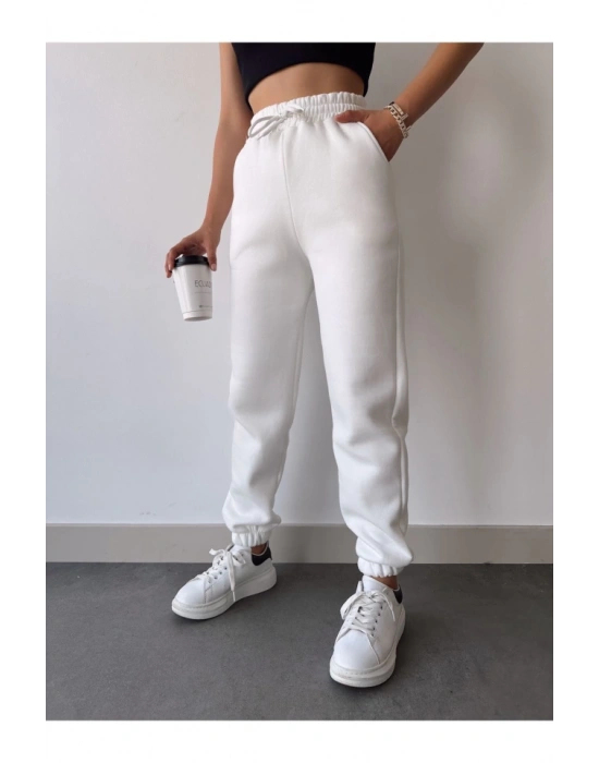 Üç İplik Basic Lastikli Eşofman Pantolon - Beyaz