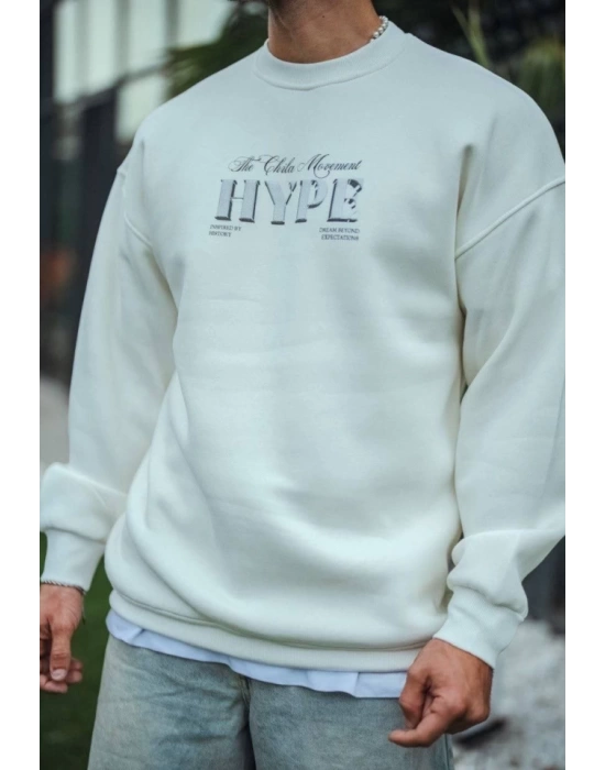 Üç İplik Bisiklet Yaka Baskılı SweatShirt - Beyaz