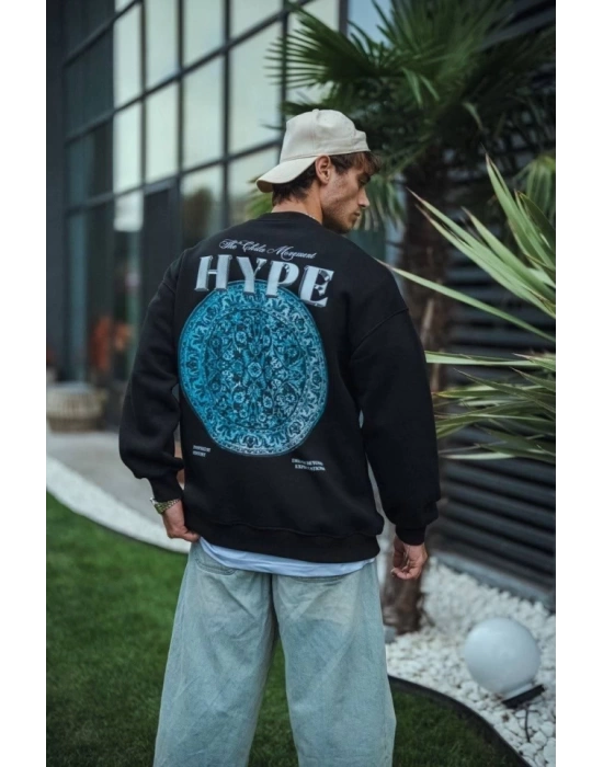Üç İplik Bisiklet Yaka Baskılı SweatShirt - Siyah