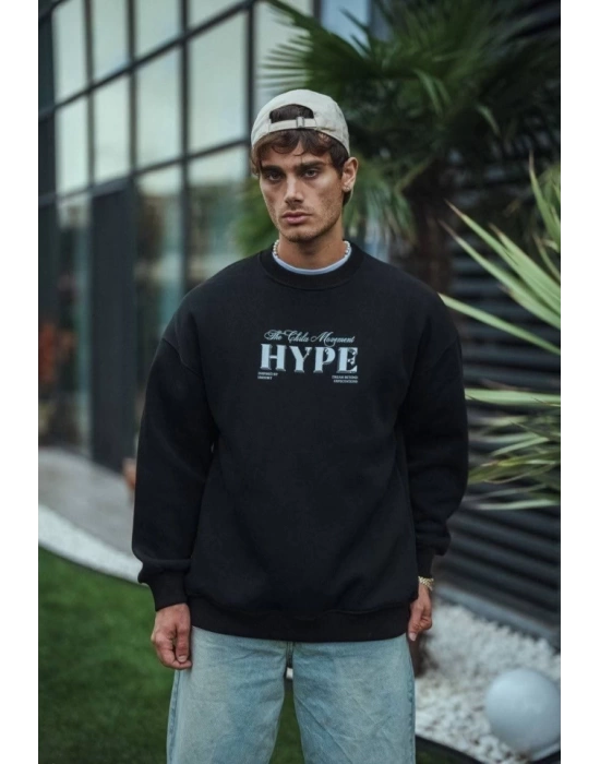 Üç İplik Bisiklet Yaka Baskılı SweatShirt - Siyah