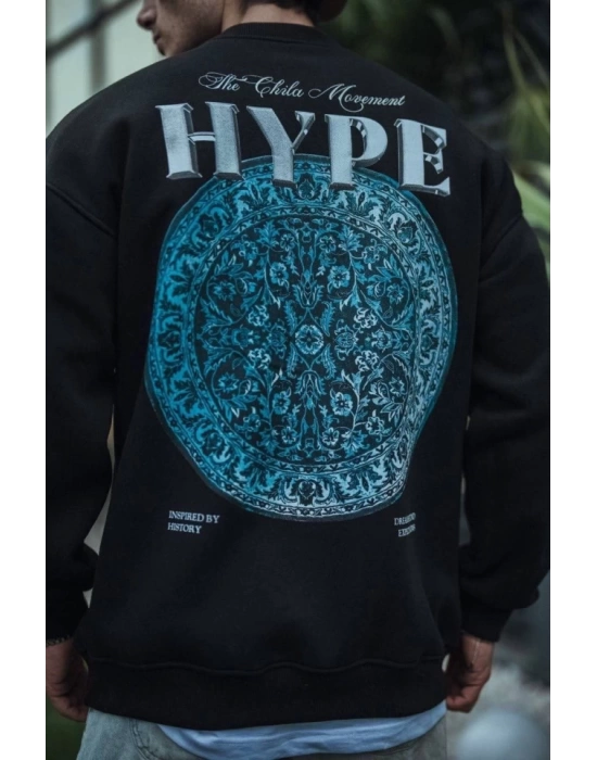 Üç İplik Bisiklet Yaka Baskılı SweatShirt - Siyah