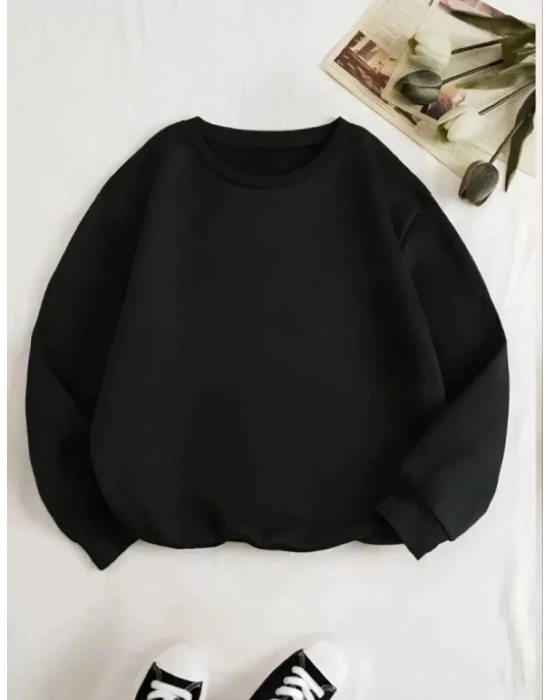 Üç İplik Biskilet Yaka Basic SweatShirt - Siyah