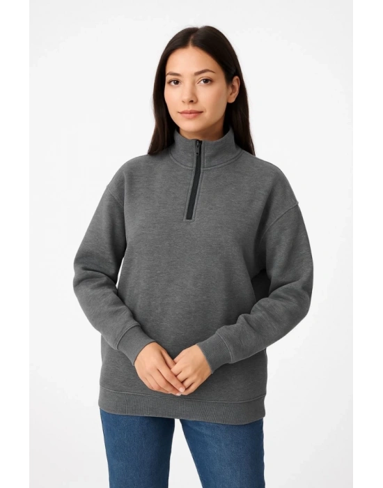 Üç İplik Dık Yaka Yarım Fermuarlı SweatShirt - Antrasit