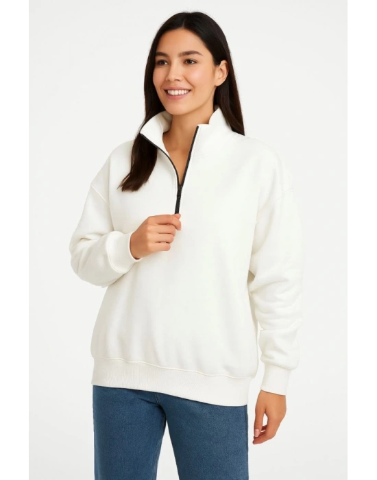 Üç İplik Dık Yaka Yarım Fermuarlı SweatShirt - Beyaz