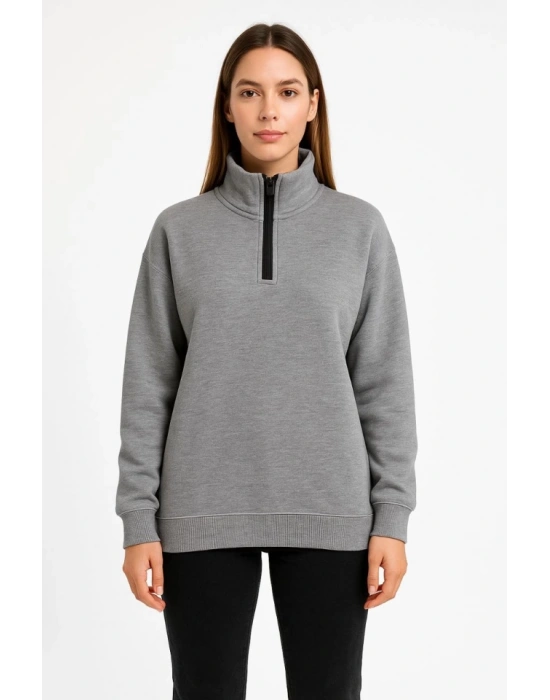 Üç İplik Dık Yaka Yarım Fermuarlı SweatShirt - Gri