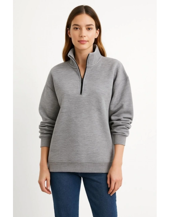 Üç İplik Dık Yaka Yarım Fermuarlı SweatShirt - Gri