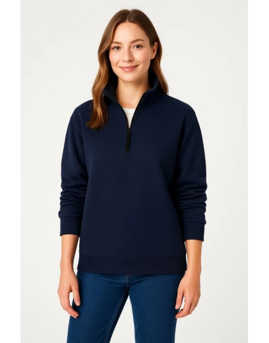 Üç İplik Dık Yaka Yarım Fermuarlı SweatShirt - Lacivert